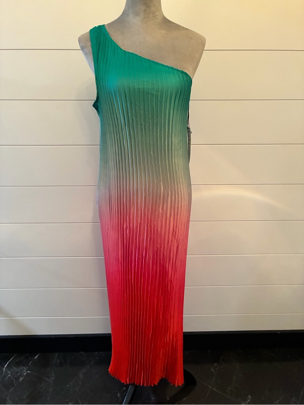 Nicole Miller maxi dress vibrant teal-to-pink ombré pleated texture Sz S NWT